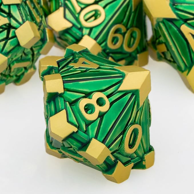 Metal DND Dice Set with Box, Debris RPG Green Golden D and D Dice - Image 4