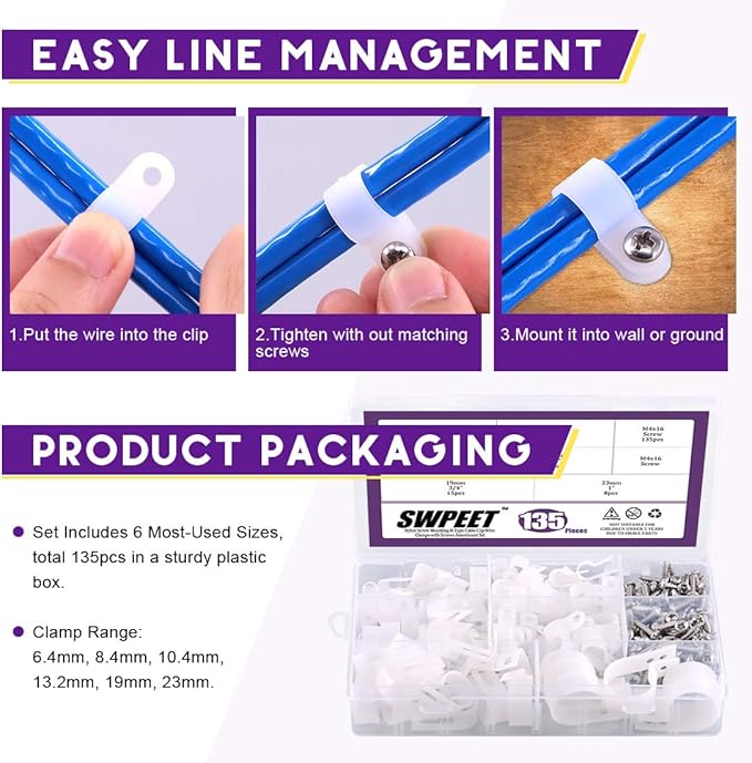 Swpeet 135 Pack 6 Sizes White Nylon Plastic R-Type Cable Clips Clamp Assortment - Image 5