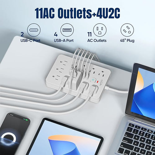 10 FT Flat Plug Surge Protector Power Strip, 11 Multiple AC Outlets - Image 2