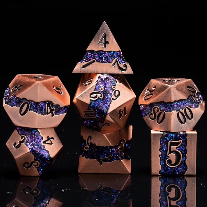 Polyhedral Metal Dice DND, RPG Purple Glitter Stripe Dice Set, Antique Copper by Maywin