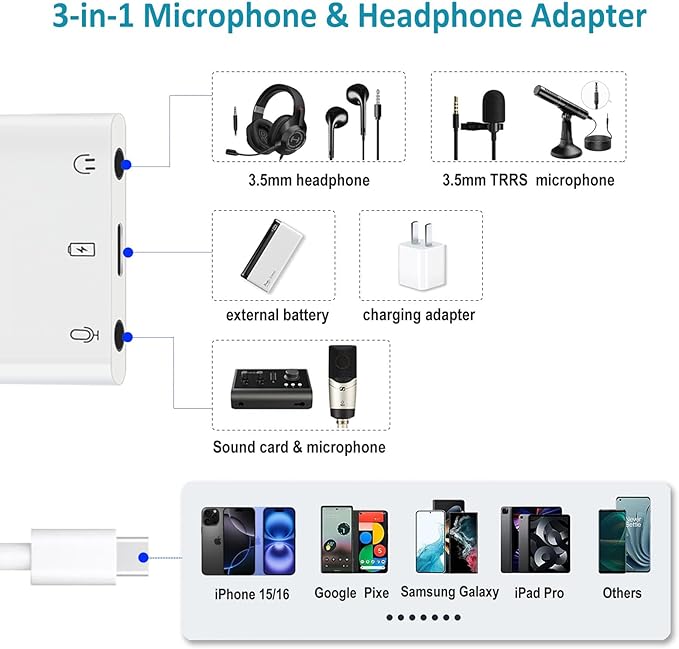 USB C to Microphone Adapter for Live-Streaming Type C to Microphone & 3.5mm - Image 2