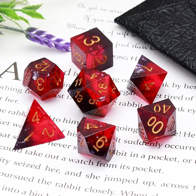 Haxtec Sharp Edge DND Dice Set Purple Red Resin Dice Silver Flakes D&D Dice - Image 2