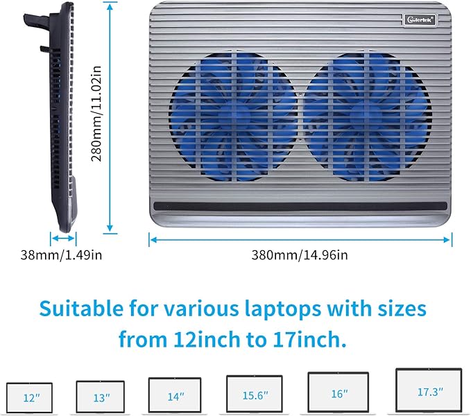 Laptop Cooling Pad, Coolertek USB Powered Laptop Cooler, 2 Blue Silent Big Fans - Image 4