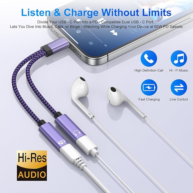 USB Type C Splitter 2 in 1 USB C Headphone and Charger Adapter Audio Dongle - Image 4