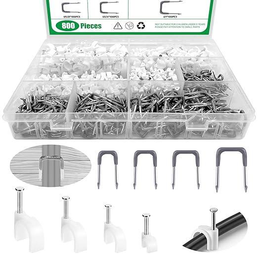 800Pcs 4mm 6mm 8mm 10mm J-Hook Ethernet Cable Nails Wire Clips by Yauhar