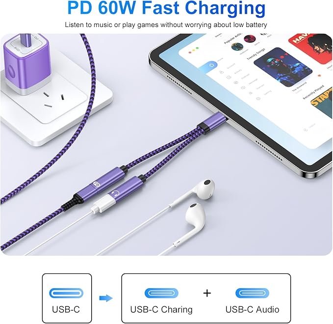 USB Type C Splitter 2 in 1 USB C Headphone and Charger Adapter Audio Dongle - Image 2