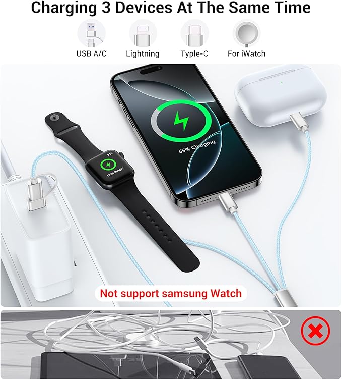 Temdan for Travel Vacation Essentials, 3 in 2 USB C Cable for Apple Watch - Image 4