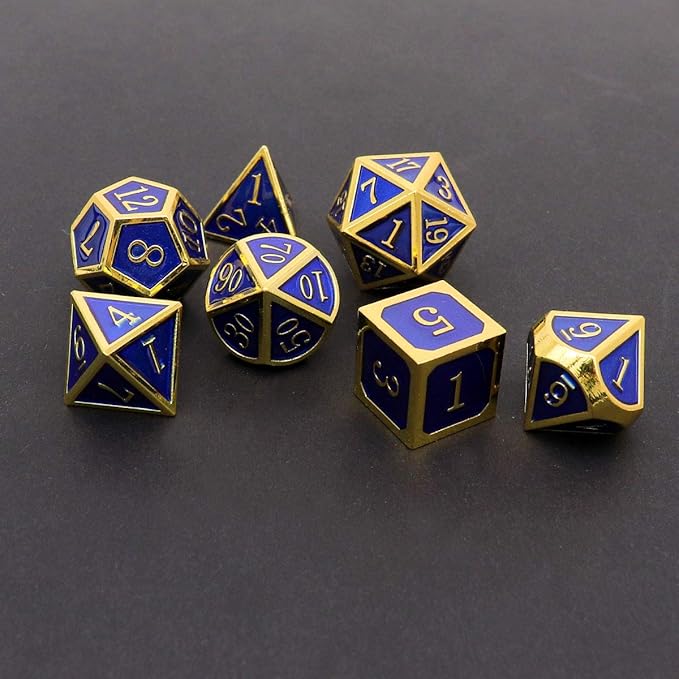 Haxtec Metal DND Dice Set 7 Die Gold Blue Metal D&D Dice Compatible - Image 2