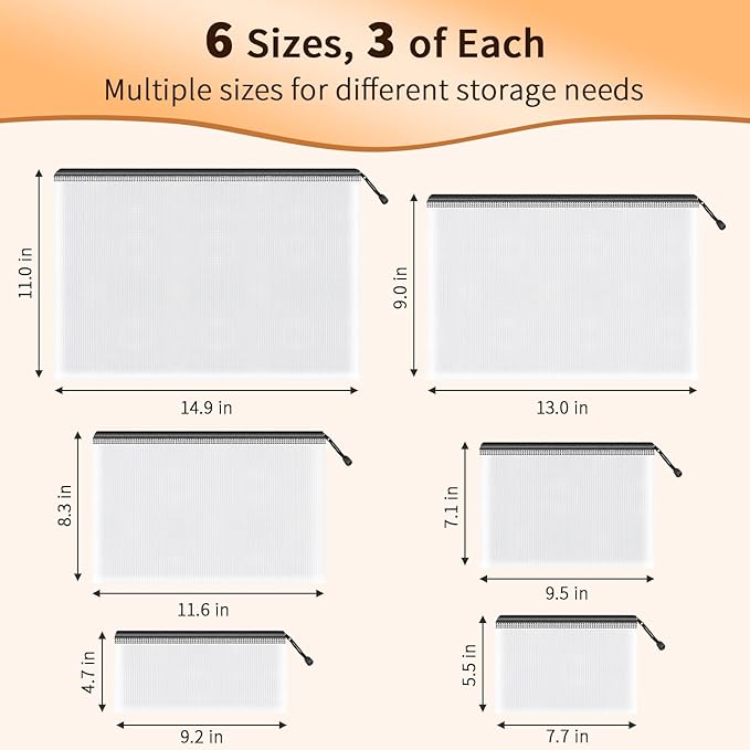 Umriox Zipper Mesh Document Pouch, 6 Assorted Size, Waterproof Travel Pouch - Image 2