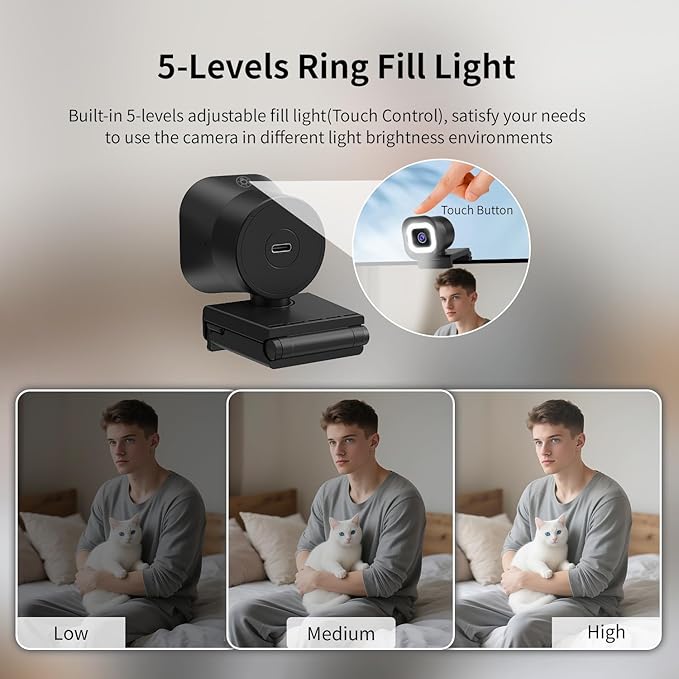 TOALLIN 4K Webcam with Ring Light, Remote Control, PDAF Auto-Focus, 1/2.5" - Image 3