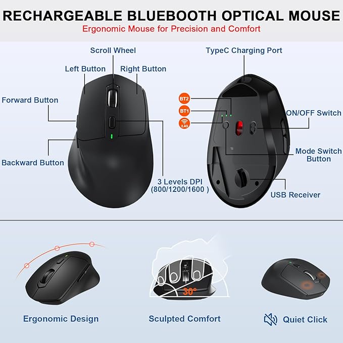 Ergonomic Wireless Keyboard Mouse Combo, MK835 Wave Keys Bluetooth/2.4G Split - Image 6