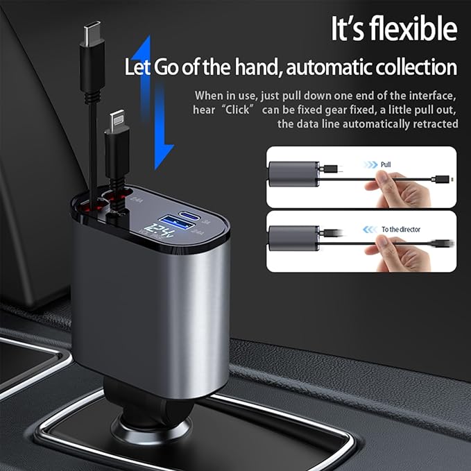 Retractable Car Charger，4 in1 Fast Car Phone Charger - Image 3