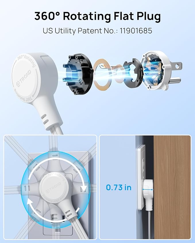 TROND 360° Rotating Flat Plug Power Strip, 10FT Extension Cord - Image 2
