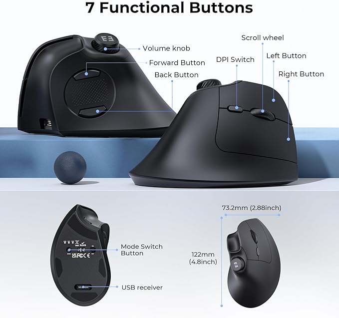 seenda Ergonomic Mouse Rechargeable, USB+Dual Bluetooth, MOU-302 Vertical - Image 6