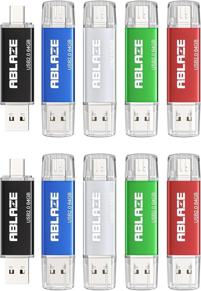 ABLAZE 64GB Type C Flash Drive 10 Pack, Dual USB 2.0+USB C Memory Stick Thumb by ABLAZEGlobal