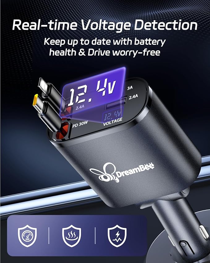 DreamBee Retractable Car Charger, 66W 4 in 1 Super Fast Charge Car Phone Charger - Image 2