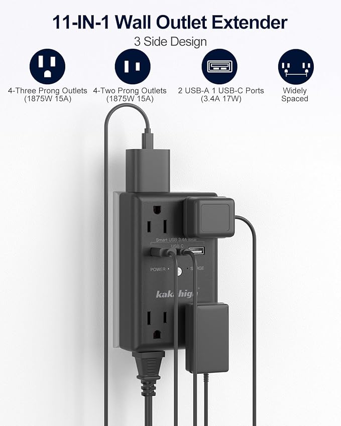 Black Wall Power Strip, 8 Way Outlets - Image 2