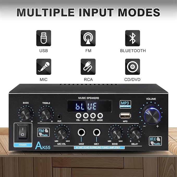 AK55 Bluetooth 5.0 Amplifier Home Audio, 2.0 Channel Max 450W Power Stereo - Image 2