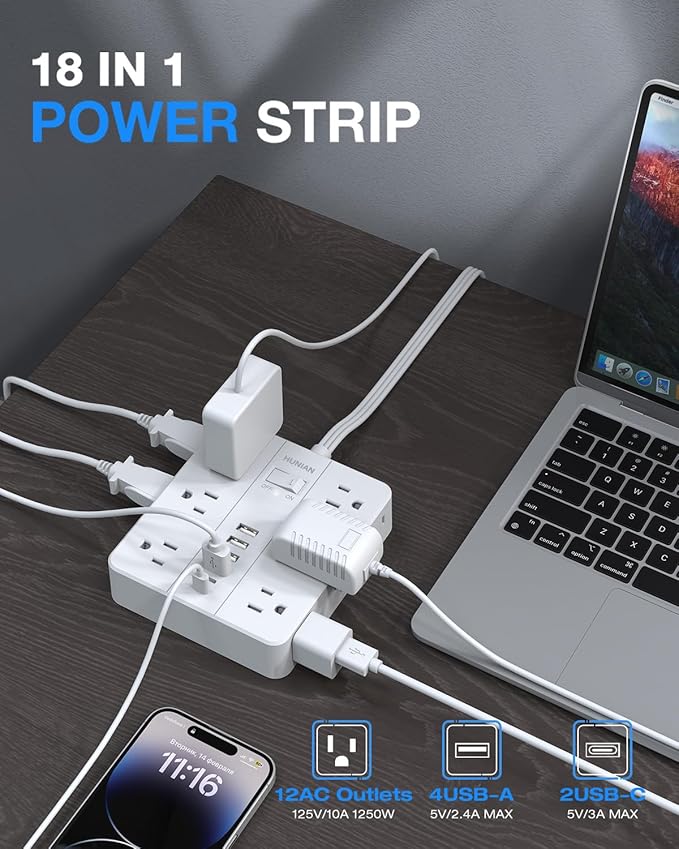 Extension Cord 25 Ft, HUNIAN Flat Plug Power Strip Surge Protector, 12 Widely - Image 2
