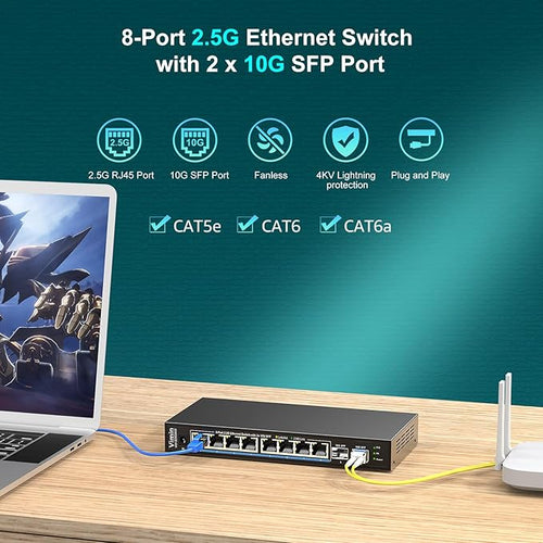 10 Port 2.5G Switch Unmanaged, VIMIN 8X 2.5G Switch Base-T Ports+2X 10G SFP Port - Image 2