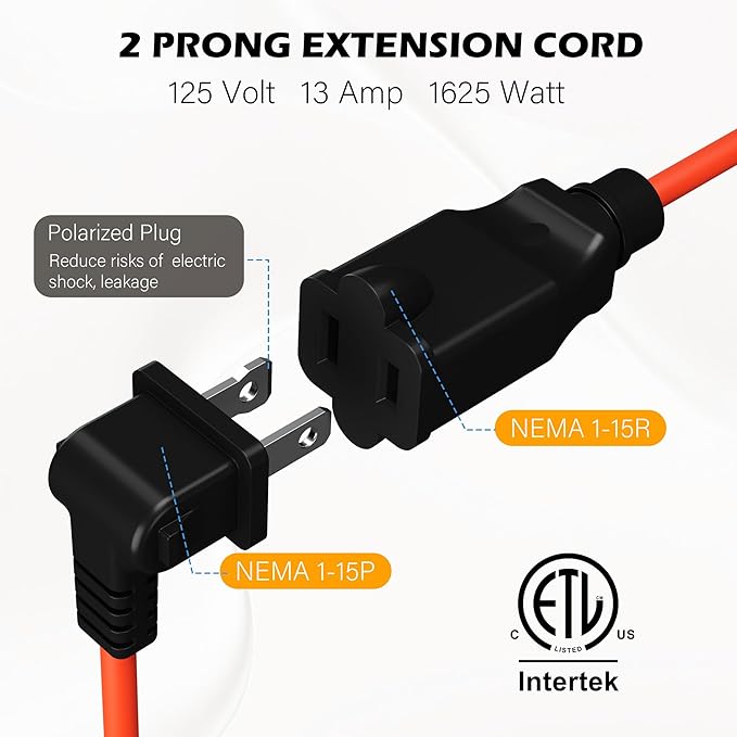 90 Degree 2 Prong Polarized Outdoor Power Extension Cord 100 FT, Angled - Image 5