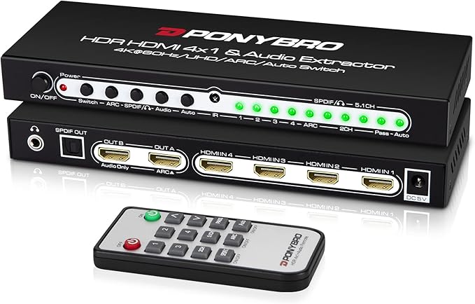 HDMI 2.0 Switch 4 Port with Audio Extractor – 4K@60Hz HDR10, Optical/AUX/ARC by PONYBRO