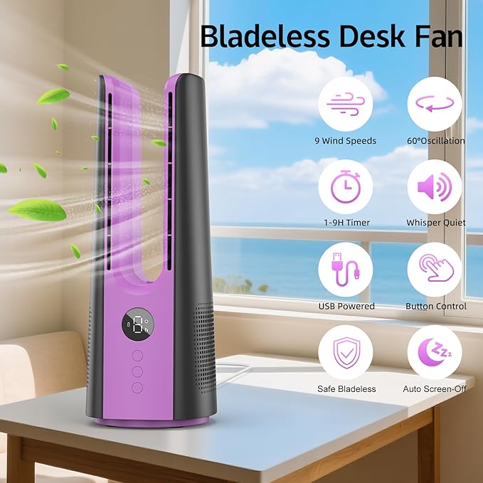 Desk Fan, 13 Inch Portable Bladeless Fan, Small Quiet Table Fan - Image 2