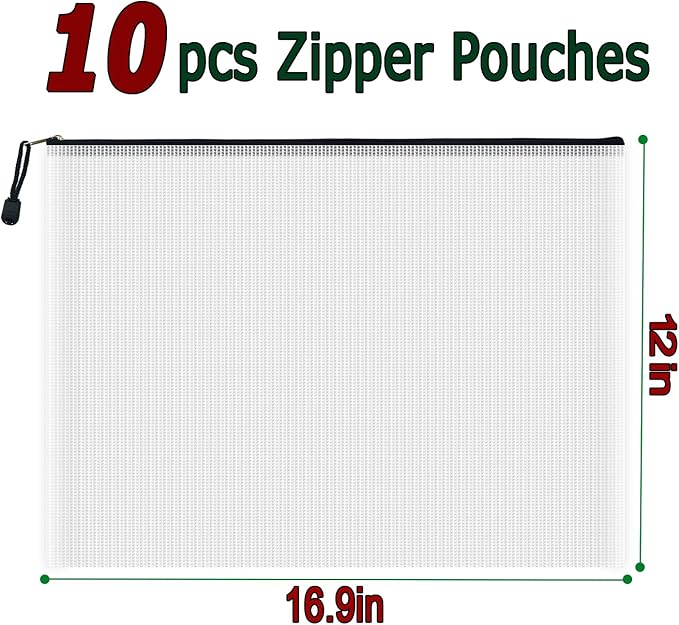 AUSTARK 10 Pcs Zipper File Bags, Waterproof Plastic Mesh Pouch - Image 2