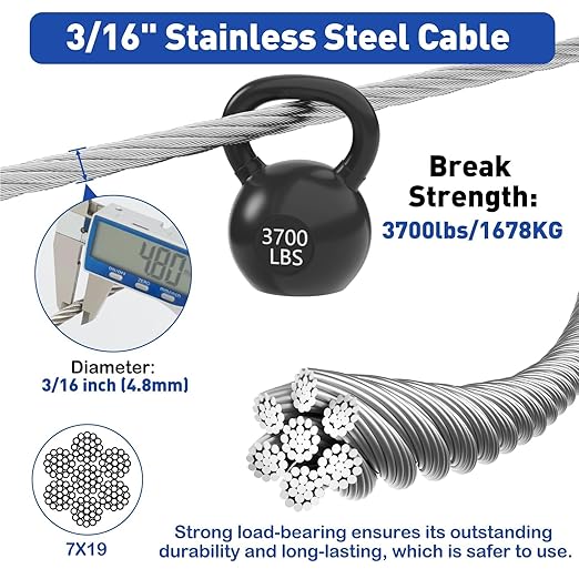 TooTaci 3/16" Stainless Steel Cable, 50ft Wire Rope - Image 3