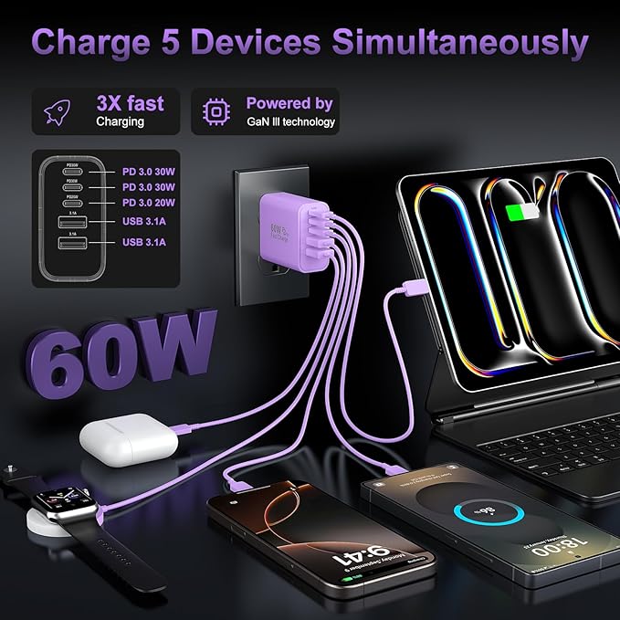 USB C Fast Wall Charger Block, 5-Port PD+QC Power Adapter Multiport Brick Type - Image 3