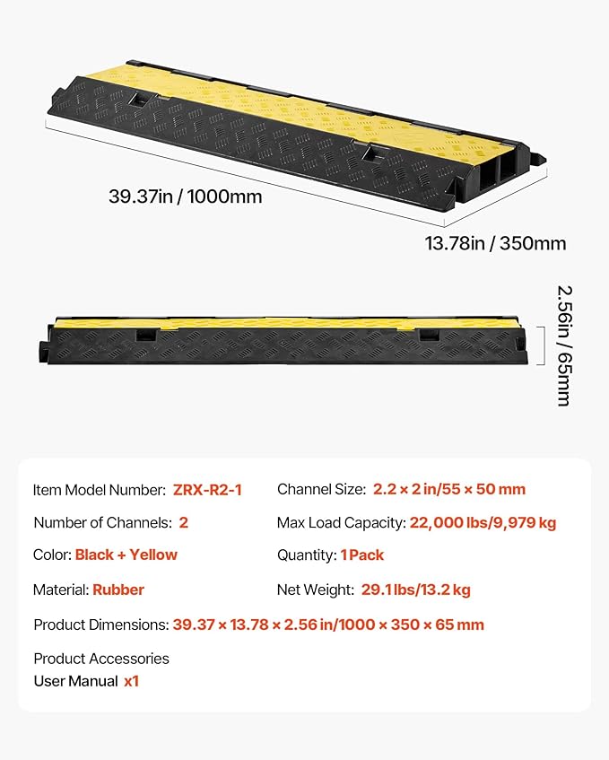 VEVOR Cable Protector Ramp, 2 Channel Heavy Duty 39.37'' Rubber Cord Hose Wire - Image 7