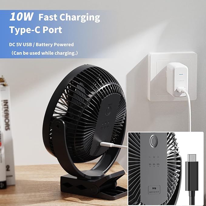 Clip on Fan, Rechargeable Portable Fan, 8 Inch Small Desk Fan - 10000mAh - Image 6