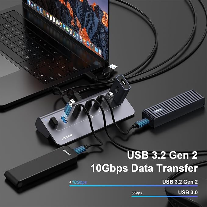 FIDECO Powered USB Hub, 7 Port 10Gbps Fast Data Hub - Image 3