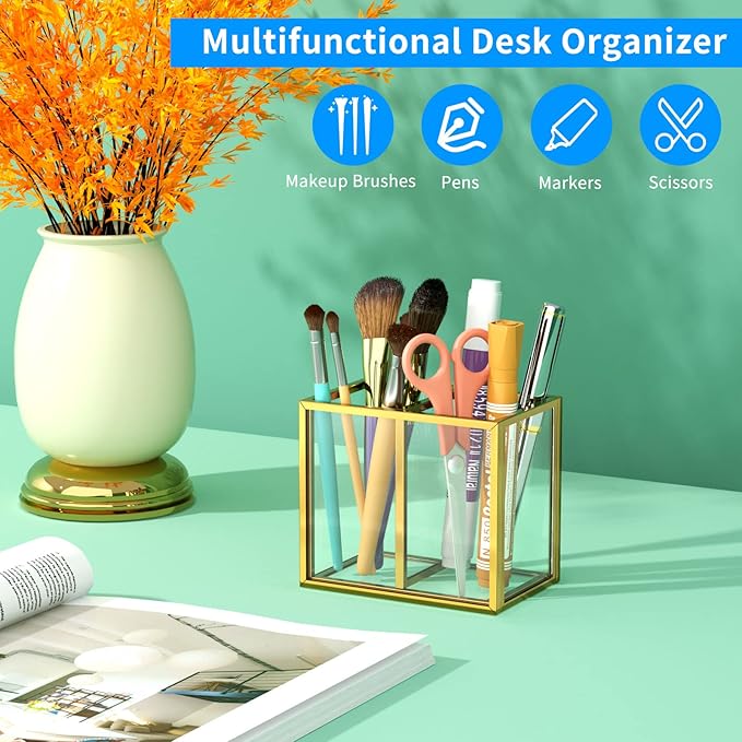 NIUBEE Gold Acrylic Pen Holder for Desk, Acrylic Desk Organizers and - Image 3