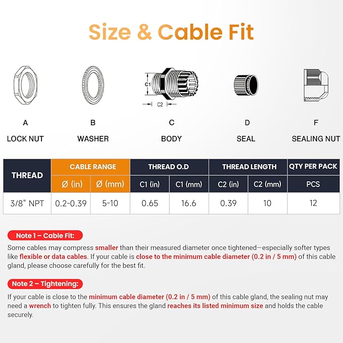 QILIPSU 12pcs 3/8" NPT Cable Gland Waterproof IP68 Nylon Cable Pass Through - Image 5