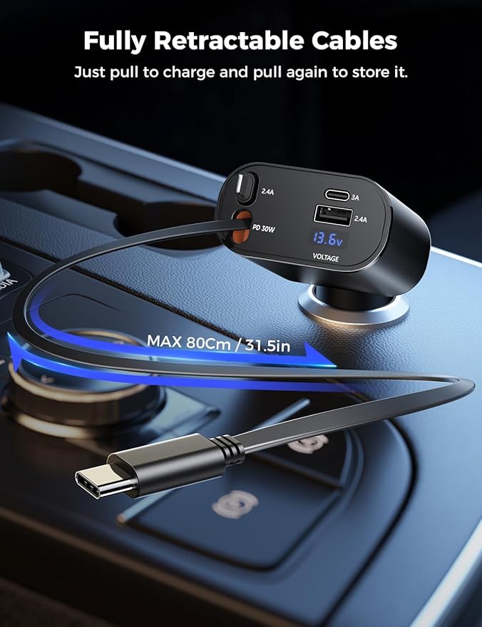 Retractable Car Charger 4 in 1 Fast Car Phone Charger Adapter - Image 2