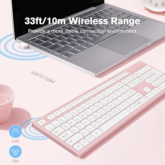 LeadsaiL Pink Wireless Keyboard, 2.4GHz Full-Sized Ergonomic Computer Keyboard - Image 2