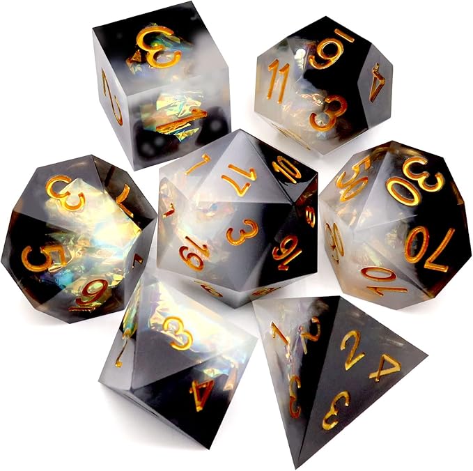 Haxtec Sharp Edge Dice Set DND Dice Black and White Resin Dice Iridecent Mylar by HaxtecDice