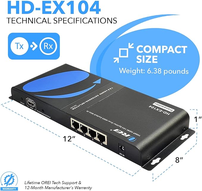 OREI 1x4 HDMI Extender Splitter Over Single Cable CAT6/7 1080P - Image 6