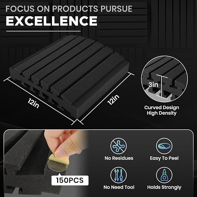 Focusound 18 Pack Curved Acoustic Foam Panels 3" x 12" x 12" Sound Proof Foam - Image 3