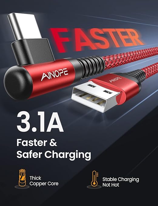 AINOPE USB C to USB Cable 3.1A USB Fast Charge Right Angle, Resistant Nylon - Image 3