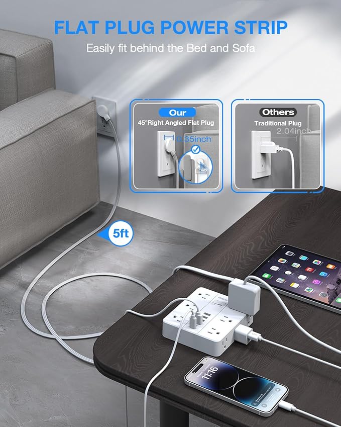 Flat Plug Power Strip Surge Protector, Flat Extension Cord Indoor 20 Feet， - Image 3