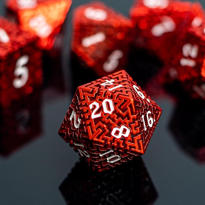 Red Metal Hollow DND Dice Set Metallic Luster Maze Design - Image 4