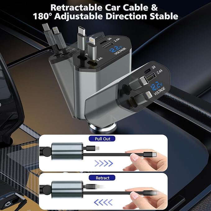 66W Retractable Car Charger, CarCharger Fast Charging 4 in 1 Car Phone Charger - Image 4