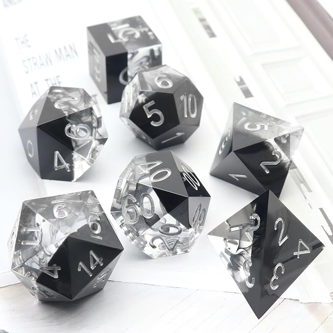 Haxtec Sharp Edge DND Dice Set Black Swirls Resin Dice - Image 4