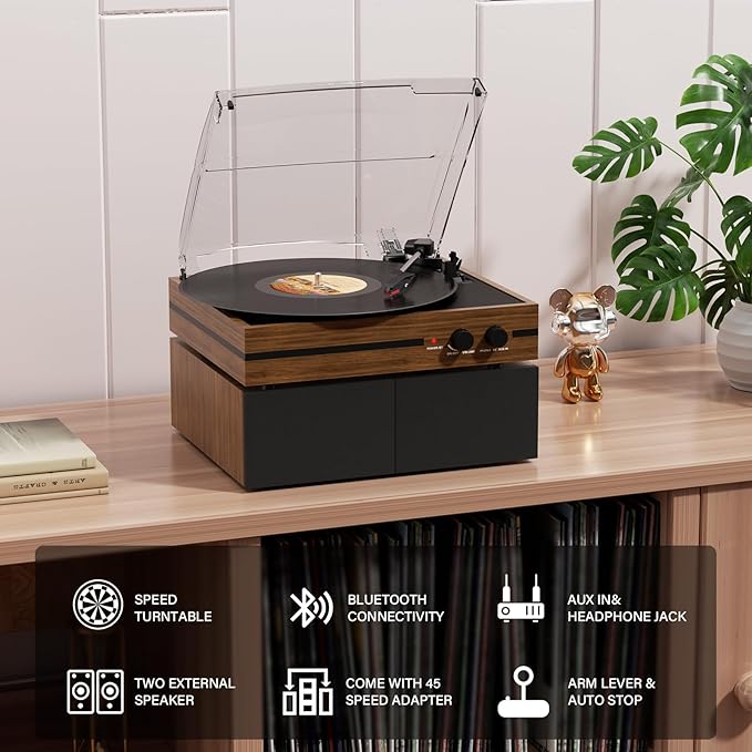 Vinyl Record Player with Dual Stereo Bookshelf Speakers Vintage Belt Drive - Image 4