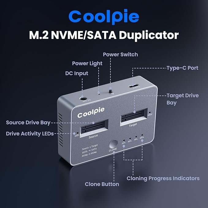 M.2 NVME/SATA Duplicator, Coolpie CR121 Dual-Bay Offline Clone M.2 NVME/SATA - Image 8