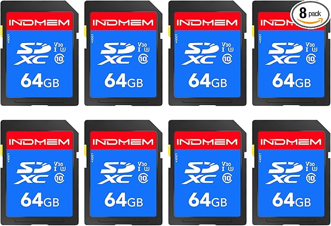 INDMEM SD Card 64GB 8-Pack, Class 10 64GB High Speed up to 90M/S Full HD Video by READYXIO