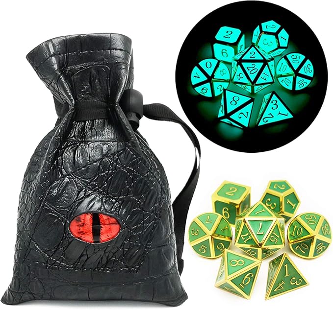 Haxtec Glow in The Dark Glowing Blue Metal Dice Set D&D W/Dragon Dice Bag 7PCS by HaxtecDice
