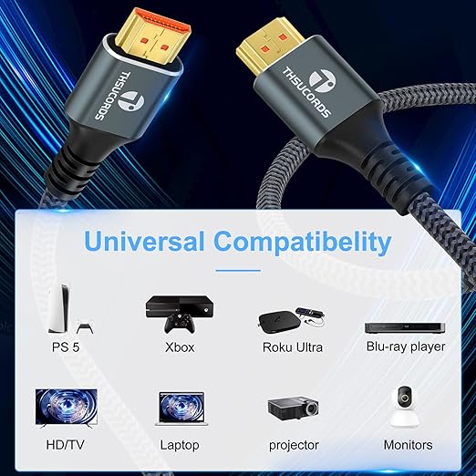 8K 4K HDMI Cable 6.6FT, High Speed Braided HDMI to HDMI 2.1 Cord Supports - Image 2